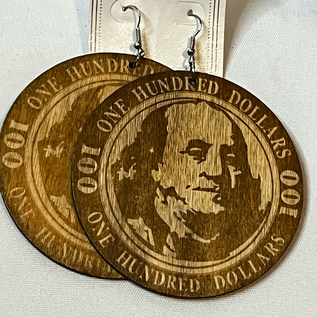 Ben Franklin $100 Wooden Earringd